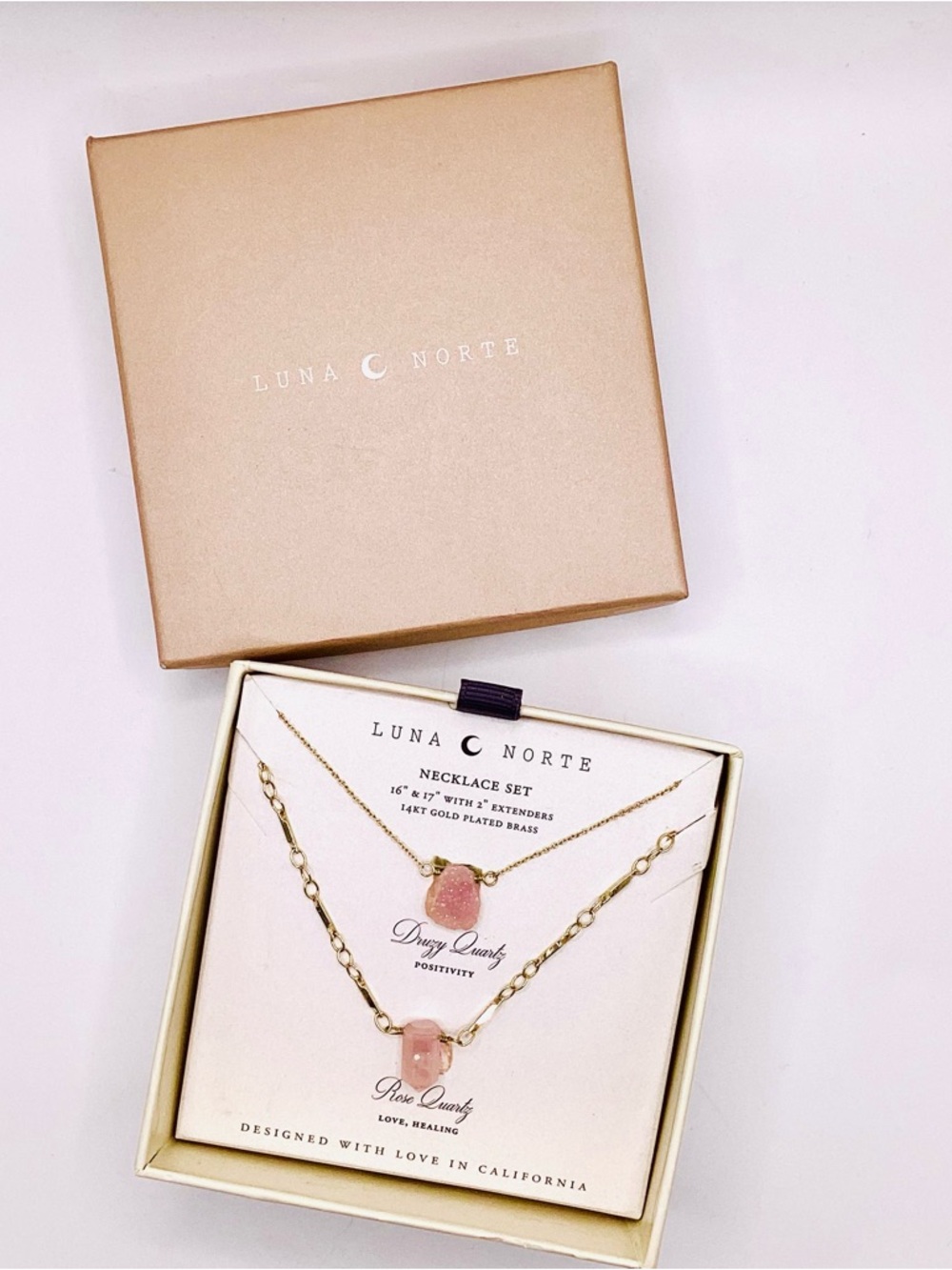 Luna Norte Pink Rose & Druzy Quartz Gold-Plated Necklace Set - Picture 2 of 7